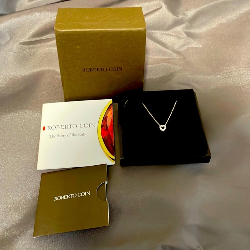 Roberto Coin 18k White Gold Diamond Heart Necklace…with Ruby in back!